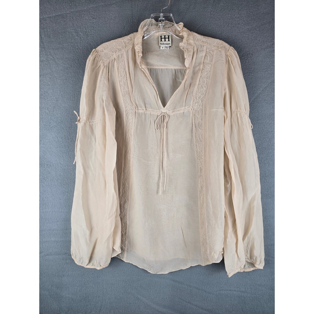 Haute Hippie Women's Silk Blouse Small Cream Balloon Sleeve Boho Ren Faire